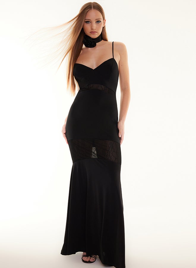 trendyol Black Fitted Knitted Lace Detailed Long Evening Evening Dress TPRSS24AE00003  - Image 3