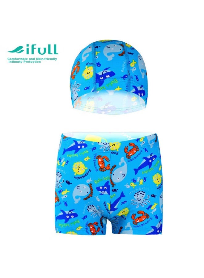 Skin-friendly Yifu Children's Swimwear, Boys' Boxer Swim Trunks, Swimming Suit With Hood Set, 1508 Light Blue, M - Image 1