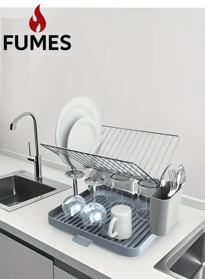 FUMES Stainless Steel Dish Drying Rack with Removable Drip Tray and Utensil Holder - Image 1