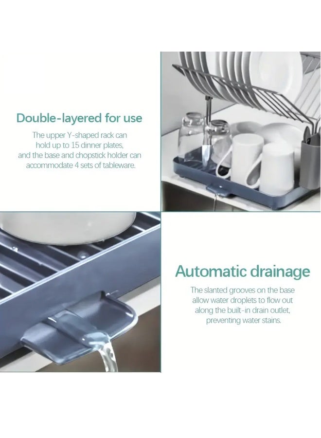 FUMES Stainless Steel Dish Drying Rack with Removable Drip Tray and Utensil Holder - Image 3