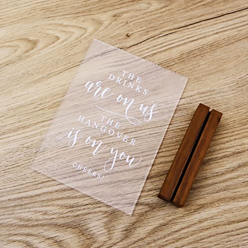 JINMURY Acrylic Wedding Open Bar Sign with Wood Stand- 5” x 7" Glass Look Clear Acrylic The Drinks Are On Us Sign with Holder for Wedding Reception & Event Party - Image 2