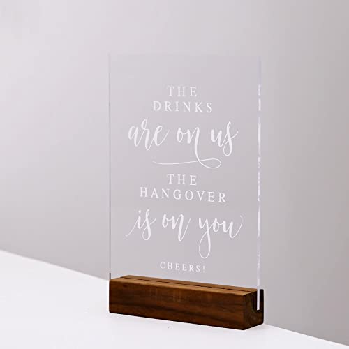 JINMURY Acrylic Wedding Open Bar Sign with Wood Stand- 5” x 7" Glass Look Clear Acrylic The Drinks Are On Us Sign with Holder for Wedding Reception & Event Party - Image 3