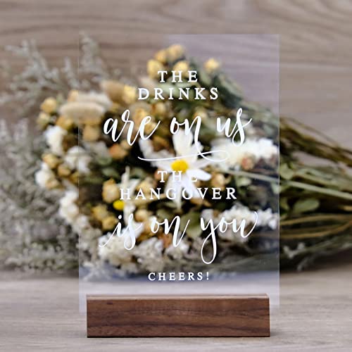JINMURY Acrylic Wedding Open Bar Sign with Wood Stand- 5” x 7" Glass Look Clear Acrylic The Drinks Are On Us Sign with Holder for Wedding Reception & Event Party - Image 4