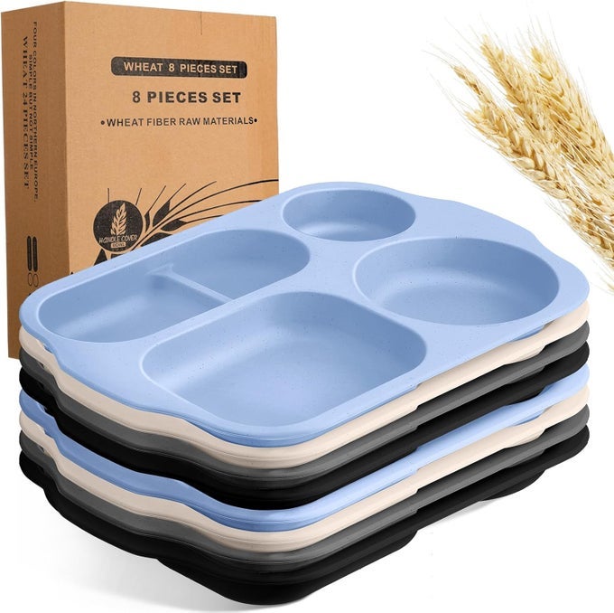 8 PCS LARGE 12 INCH UNBREAKABLE DIVIDED PLATES FOR KIDS ADULTS WHEAT STRAW TRAY MICROWAVE DISHWASHER SAFE REUSABLE PLASTIC COMPARTMENT PLATESBLACK DARK GRAY BLUE BEIGE