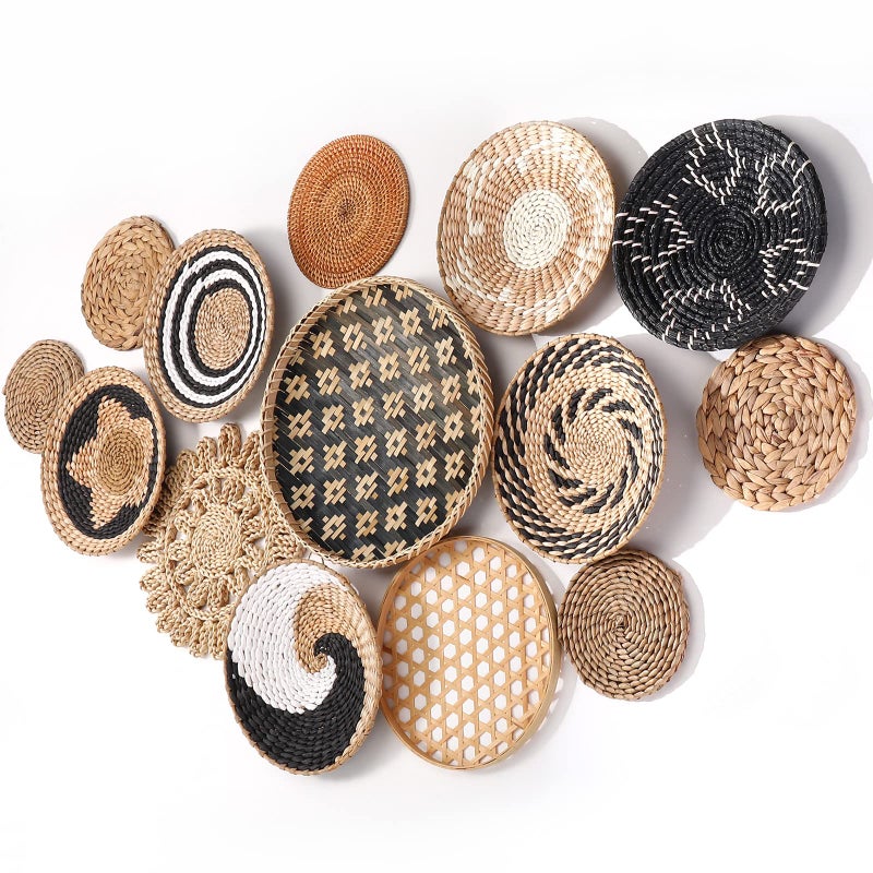 Nuenen Nuenen 14 Pcs Boho Wall Basket Decor Decorative Hanging Woven Basket Wall Decor Rustic Round Handmade Placemats for Farmhouse Living Rooms Bedrooms Table Kitchen Home DisplayRetro Color 
