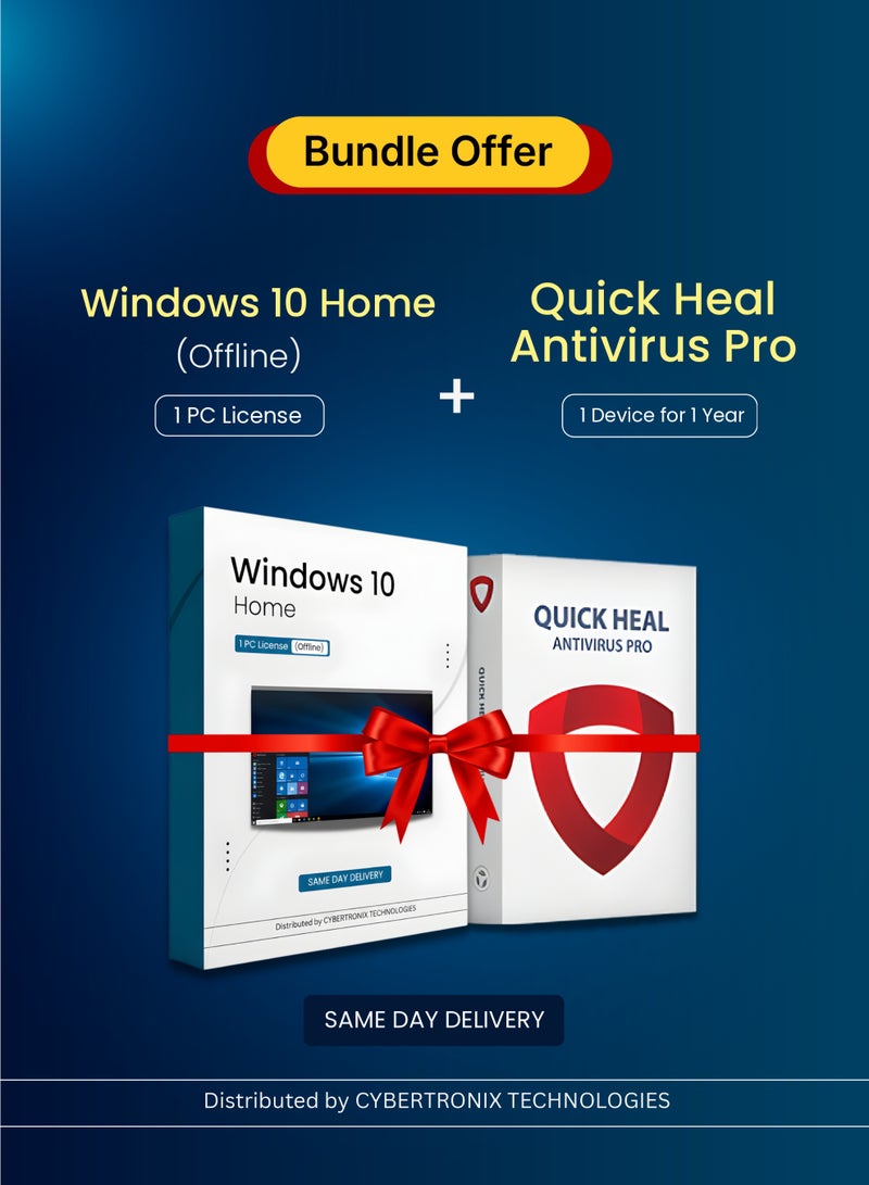 Windows Microsoft Windows 10 Home ( 1 PC Offline License ) | Quick Heal Antivirus Pro (1 Device, 1 Year) | Digital License | Same Day Delivery | Bundle Pack