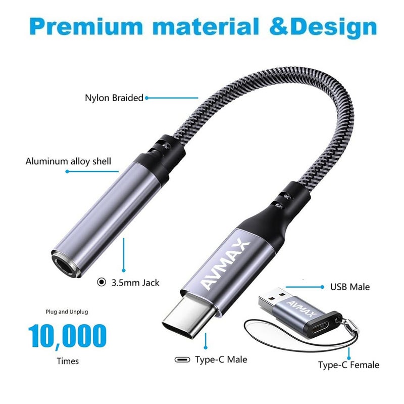 AVMAX USB C to 3.5mm Audio Headphone Adapter HiFi 2 Pack,Type c to Aux Female Cable for 16 15 Plus, S24 S23 S22 S21 S20 and More Type c Devices - Image 2