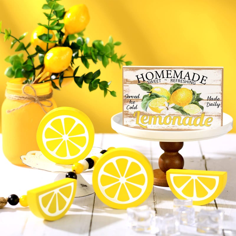 Jetec 5 Pcs Lemon Tiered Tray Decor Sign Summer Table Centerpieces Lemon Wooden Tabletop Decorations Table Decorations Centerpieces for Home Party Shelf Decordecor