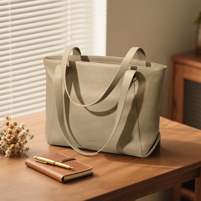 befen Large Genuine Leather Tote Bag for Women - Office Work Tote Bag, Spacious Travel & Commute Purse with Zipper Closure, Shoulder Bag for Professionals, Taupe - Image 3