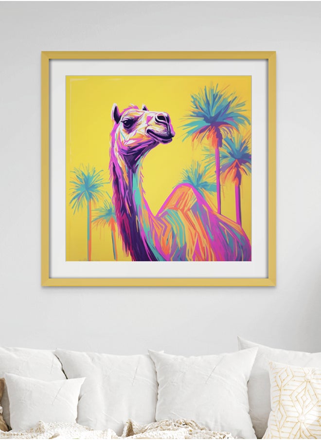 Art Decor - Art Decor Camel and Palm Trees Pop Art Neon Colors Yellow Art Square Art with Matboard Modern Art Wall Art Wall Décor for Living Room Bedroom Home Office Gifting - Image 1