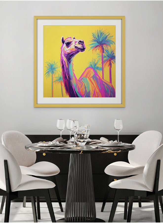 Art Decor - Art Decor Camel and Palm Trees Pop Art Neon Colors Yellow Art Square Art with Matboard Modern Art Wall Art Wall Décor for Living Room Bedroom Home Office Gifting - Image 1