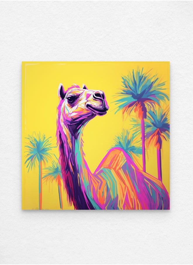 Art Decor - Art Decor Camel and Palm Trees Pop Art Neon Colors Yellow Art Square Art with Matboard Modern Art Wall Art Wall Décor for Living Room Bedroom Home Office Gifting - Image 1