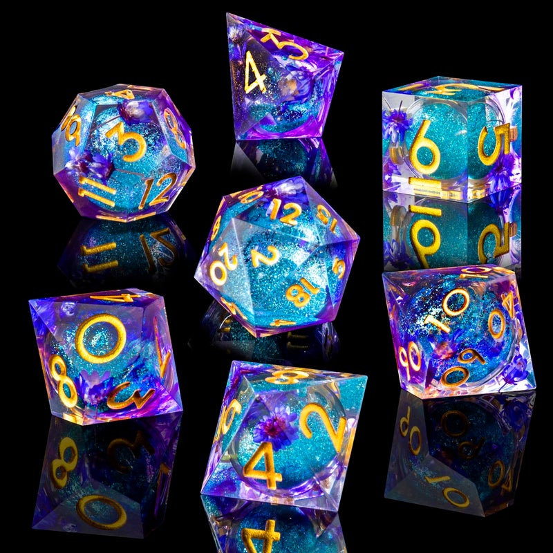 Role dice Liquid Core DND Dice Set 7pcs Sharp Edge Dice for Role Playing Dungeons and Dragons Ttrpg with Gift Box Handmade Resin DD Dice RPG Role Playing Games Dice SetPurple Flower - Image 3