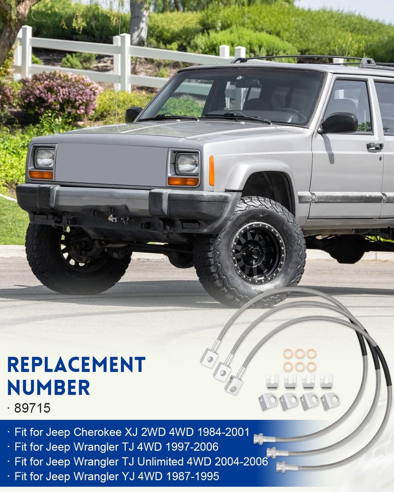 ANODZU 89715 Front & Rear Extended Brake Line Hose Kit Stainless Steel, Fit for Jeep Cherokee XJ 1984-2001 Wrangler TJ 1997-2006 TJ Unlimited 2004-2006 YJ 1987-1995 - Image 2