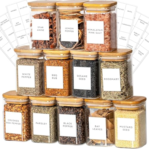VILON (270 ML 9oz 12-Piece Glass Spice Jars Set with Bamboo Lids & White Vinyl printed Labels – Square Spice Jars for Kitchen Storage and Organization - Image 1