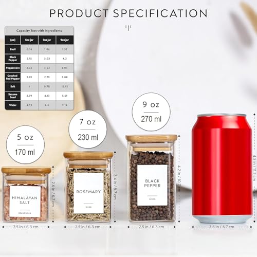 VILON (270 ML 9oz 12-Piece Glass Spice Jars Set with Bamboo Lids & White Vinyl printed Labels – Square Spice Jars for Kitchen Storage and Organization - Image 5