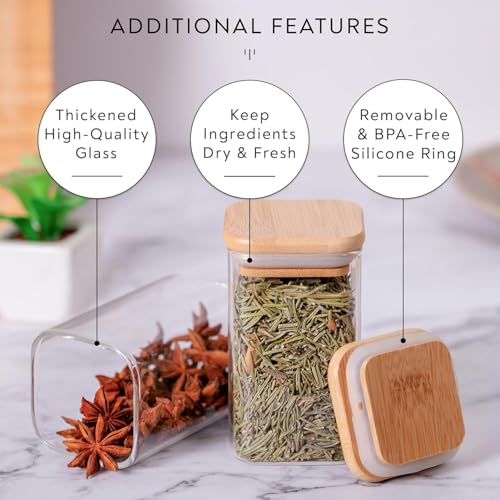 VILON (270 ML 9oz 12-Piece Glass Spice Jars Set with Bamboo Lids & White Vinyl printed Labels – Square Spice Jars for Kitchen Storage and Organization - Image 4