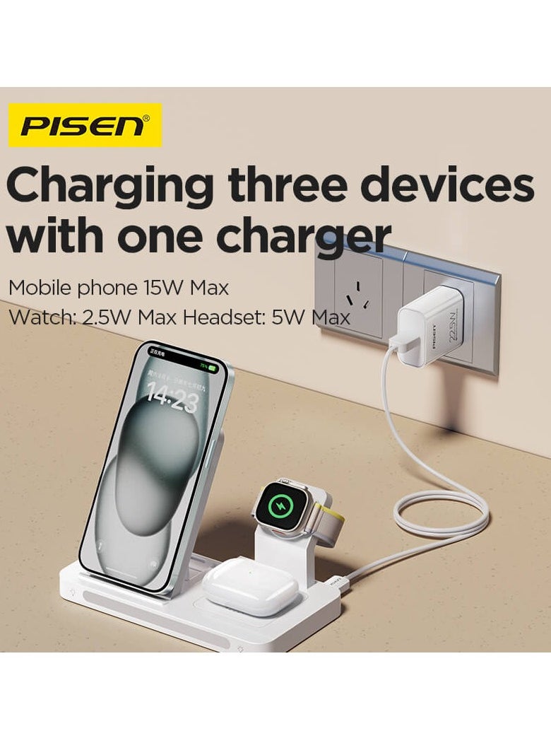 Pisen - 3 in 1 Foldable Wireless Magnetic Magsafe Charging Station 22.5W Travel Charger Stand iPhone 16/15/14/13 Series Pro Max Plus Apple Watch Series & Airpods 4 3 2 Pro Samsung S24/S23 Ultra - White - Image 1