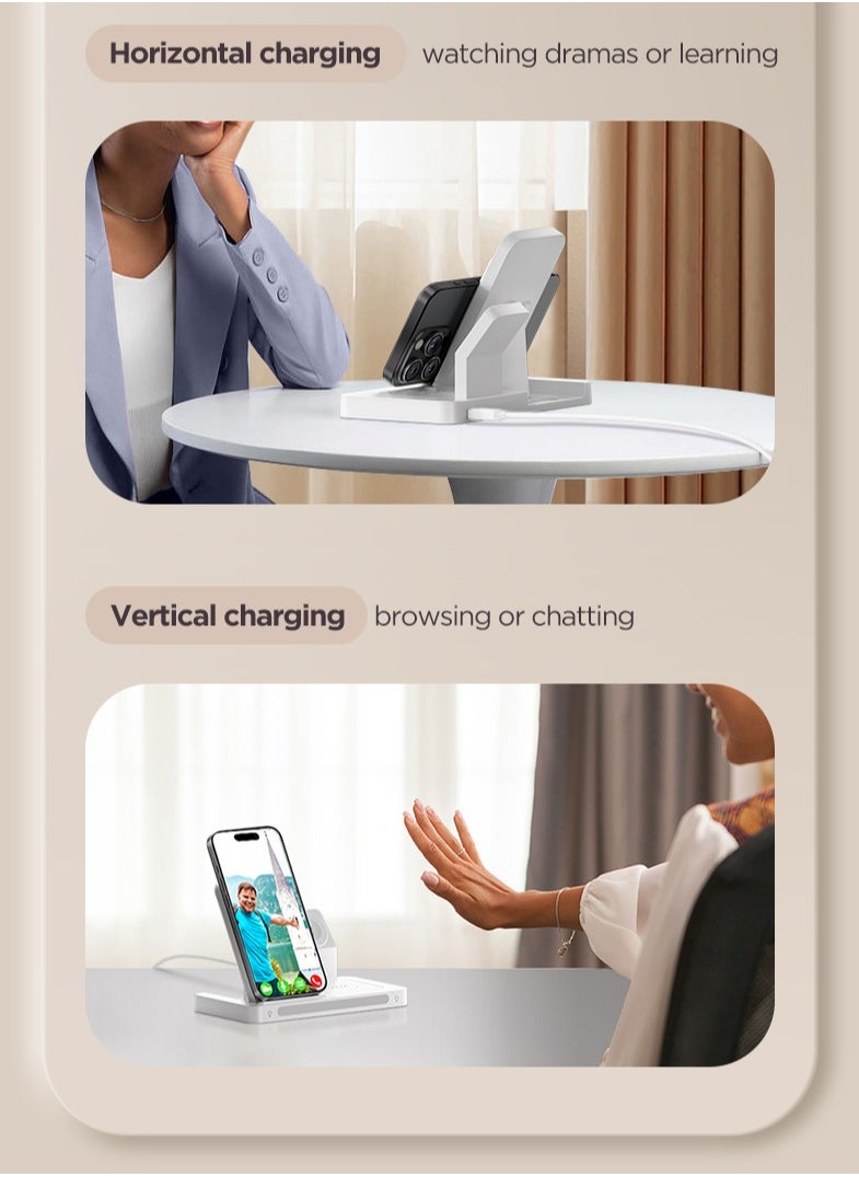 Pisen - 3 in 1 Foldable Wireless Magnetic Magsafe Charging Station 22.5W Travel Charger Stand iPhone 16/15/14/13 Series Pro Max Plus Apple Watch Series & Airpods 4 3 2 Pro Samsung S24/S23 Ultra - White - Image 1