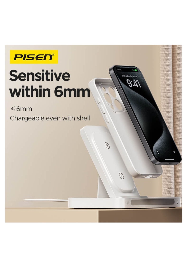 Pisen - 3 in 1 Foldable Wireless Magnetic Magsafe Charging Station 22.5W Travel Charger Stand iPhone 16/15/14/13 Series Pro Max Plus Apple Watch Series & Airpods 4 3 2 Pro Samsung S24/S23 Ultra - White - Image 1