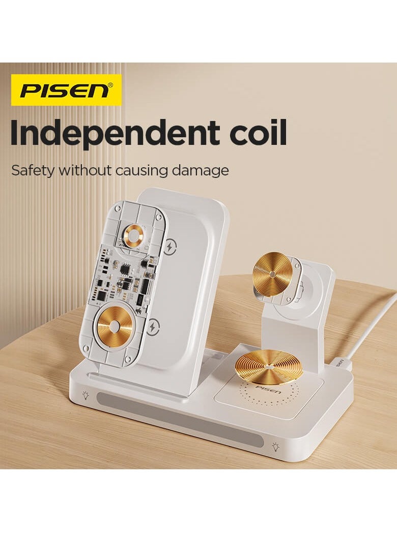 Pisen - 3 in 1 Foldable Wireless Magnetic Magsafe Charging Station 22.5W Travel Charger Stand iPhone 16/15/14/13 Series Pro Max Plus Apple Watch Series & Airpods 4 3 2 Pro Samsung S24/S23 Ultra - White - Image 1