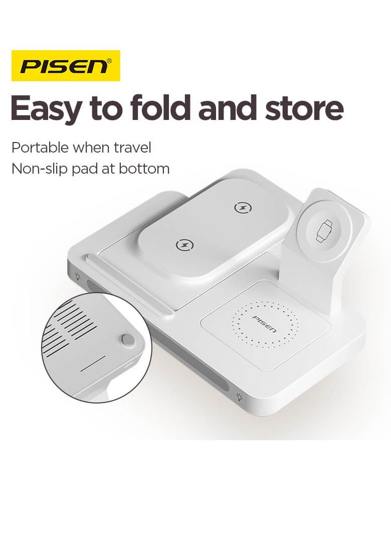 Pisen - 3 in 1 Foldable Wireless Magnetic Magsafe Charging Station 22.5W Travel Charger Stand iPhone 16/15/14/13 Series Pro Max Plus Apple Watch Series & Airpods 4 3 2 Pro Samsung S24/S23 Ultra - White - Image 1
