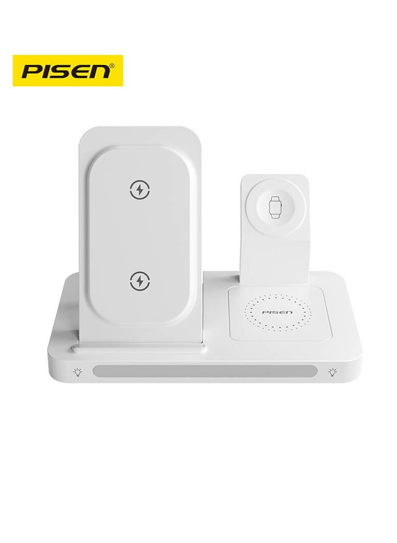 Pisen - 3 in 1 Foldable Wireless Magnetic Magsafe Charging Station 22.5W Travel Charger Stand iPhone 16/15/14/13 Series Pro Max Plus Apple Watch Series & Airpods 4 3 2 Pro Samsung S24/S23 Ultra - White - Image 1