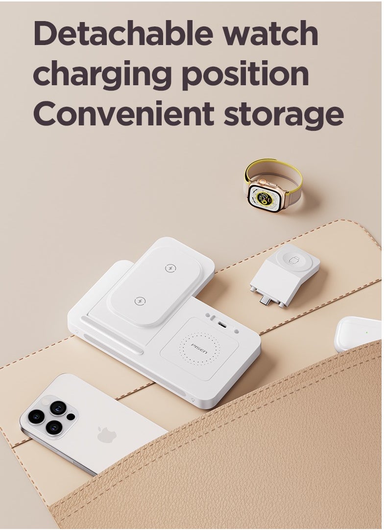 Pisen - 3 in 1 Foldable Wireless Magnetic Magsafe Charging Station 22.5W Travel Charger Stand iPhone 16/15/14/13 Series Pro Max Plus Apple Watch Series & Airpods 4 3 2 Pro Samsung S24/S23 Ultra - White - Image 1