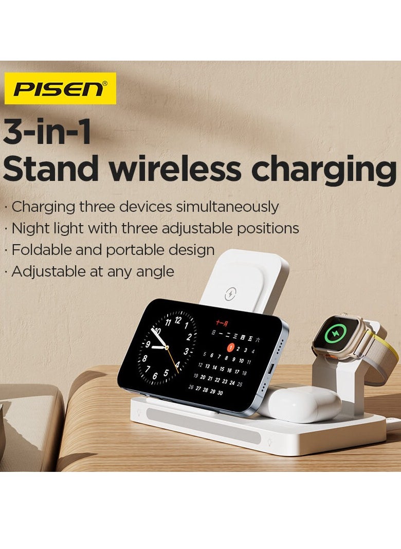 Pisen - 3 in 1 Foldable Wireless Magnetic Magsafe Charging Station 22.5W Travel Charger Stand iPhone 16/15/14/13 Series Pro Max Plus Apple Watch Series & Airpods 4 3 2 Pro Samsung S24/S23 Ultra - White - Image 1