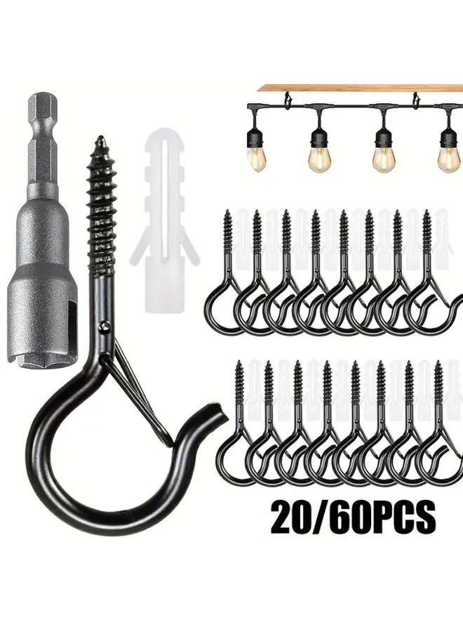 60PCS Black Q Shaped Hooks With Safety Buckle Heavy Duty Iron For Indoor Outdoor - Image 2