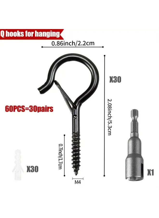 60PCS Black Q Shaped Hooks With Safety Buckle Heavy Duty Iron For Indoor Outdoor - Image 1