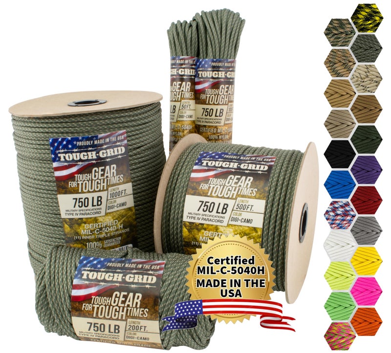 TOUGH-GRID 750 Paracord Rope Nylon Parachute Cord, Made in USA Survival Kit, Outdoor Adventures, Camping, Tactical Gear & Emergency Supplies, Military Type IV Mil-Spec - Image 1