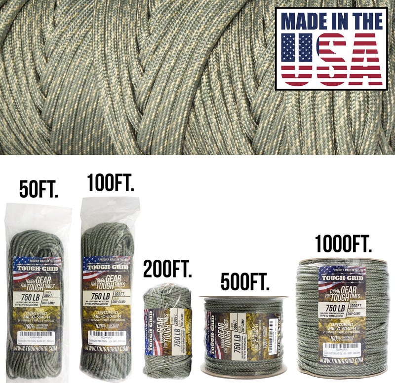 TOUGH-GRID 750 Paracord Rope Nylon Parachute Cord, Made in USA Survival Kit, Outdoor Adventures, Camping, Tactical Gear & Emergency Supplies, Military Type IV Mil-Spec - Image 3