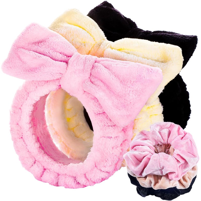 LEOBRO Spa Headband for Washing Face Makeup Headband Skincare Headband Face Wash Headband Pink White Black Headbands for Women Girls Gift Hair Band for Washing Face with 3pcs Hair Scrunchies
