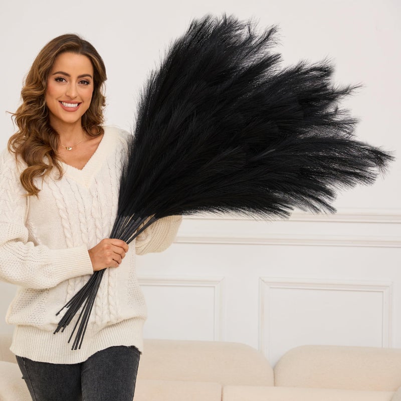 Qubitful Faux Pampas Grass Tall, 9 PCS 43''/ 110 cm Large Black Pampas Grass Decor, Fake Pompas Branches, Long Feathers for Floor Vase, Boho Flower Arrangement for Home Wedding Decor (Black) - Image 1