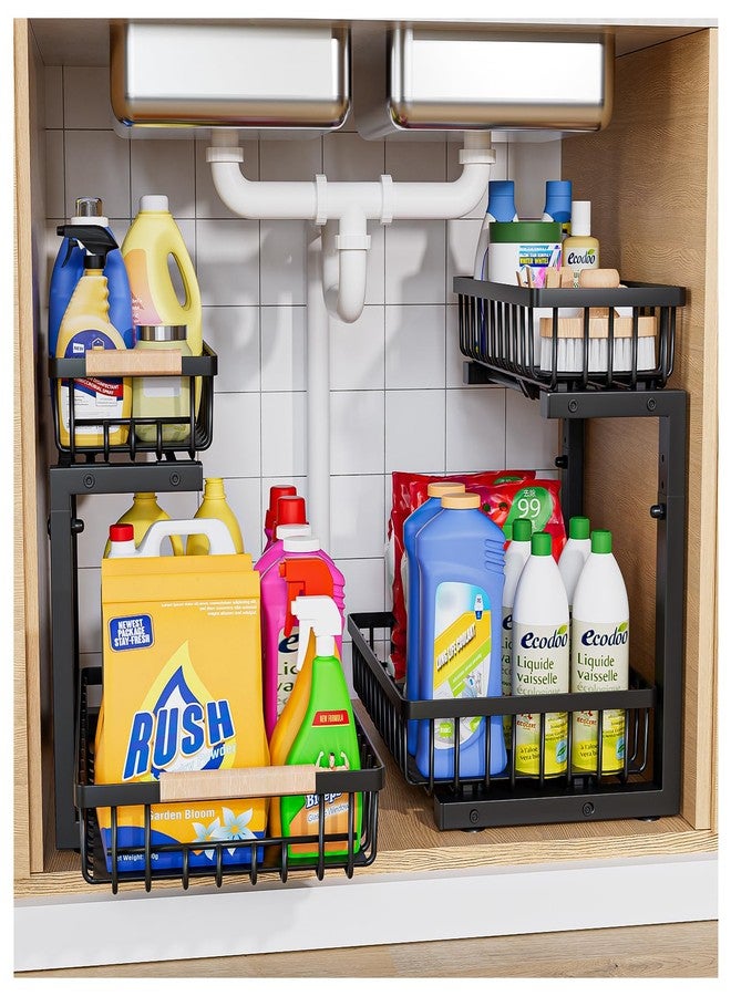 ENRUNEST Under Sink Organizer,2 Pack Under Kitchen Sink Organizer,2 Tier Sliding-Out,5 Level Height Adjustable,Thickened Carbon Steel,Anti-Rust Treatment,for Kitchen Bathroom Black - Image 1