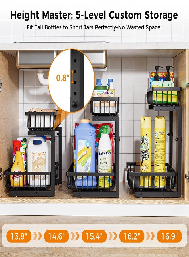 ENRUNEST Under Sink Organizer,2 Pack Under Kitchen Sink Organizer,2 Tier Sliding-Out,5 Level Height Adjustable,Thickened Carbon Steel,Anti-Rust Treatment,for Kitchen Bathroom Black - Image 4