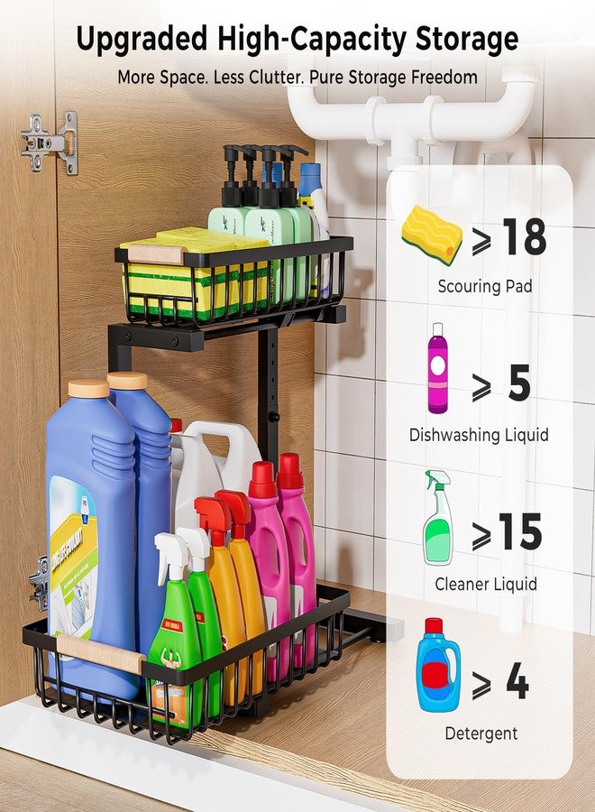 ENRUNEST Under Sink Organizer,2 Pack Under Kitchen Sink Organizer,2 Tier Sliding-Out,5 Level Height Adjustable,Thickened Carbon Steel,Anti-Rust Treatment,for Kitchen Bathroom Black - Image 2