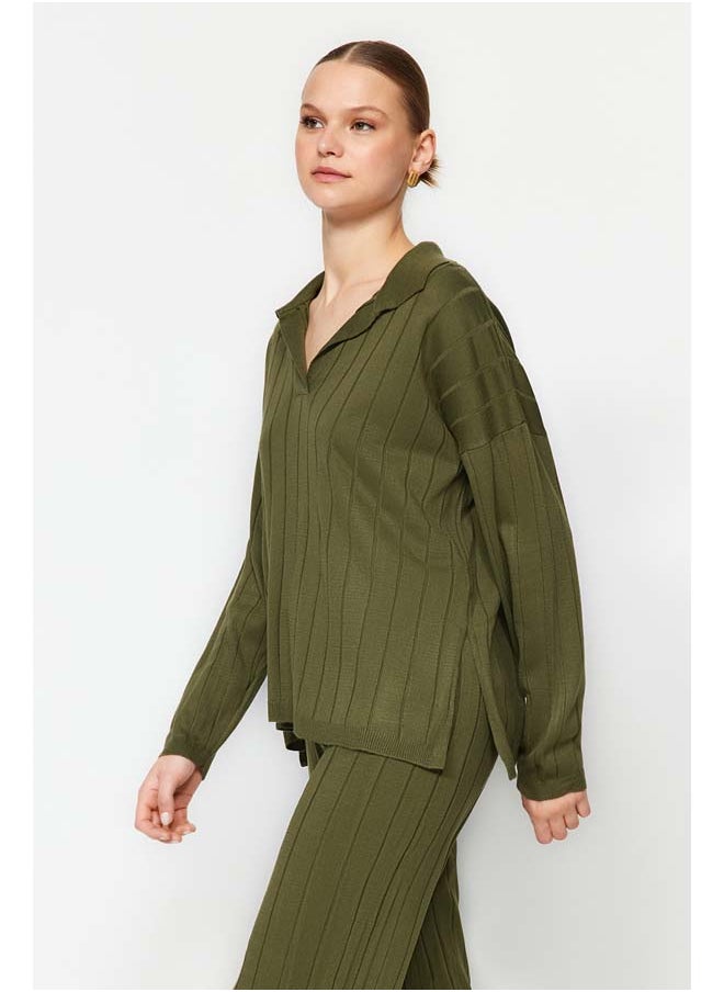 trendyol Khaki Wide Pattern Knitwear Bottom-Top Set TWOAW24AU00092  - Image 3