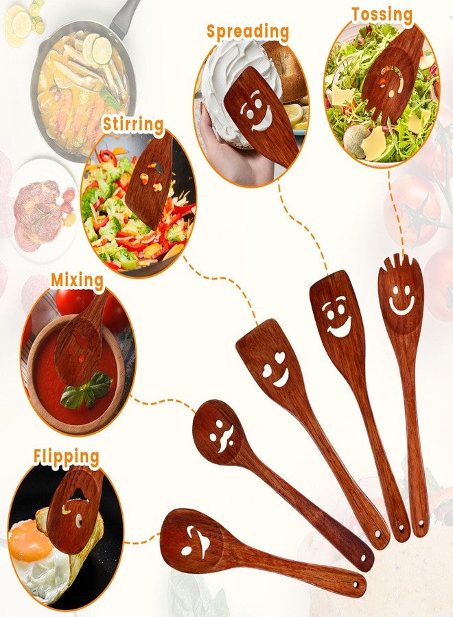 هانزغو مجموعة ملاعق طبخ خشبية من هانزجو، 5 قطع، طقم أدوات مطبخ خشبية مرحة، ملاعق خشبية مزينة بوجوه مبتسمة، إكسسوارات مطبخ لطيفة، أفضل هدايا الطبخ لحفلات الانتقال إلى منزل جديد وحفلات الزفاف والأعياد. - Image 3