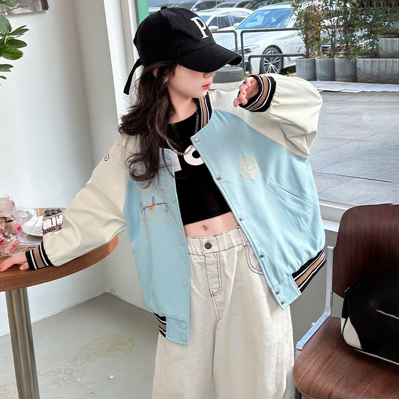 Girls' Jacket Stylish Trendy Older Children'S College Style Casual Spring Baseball Jacket Top - Image 1