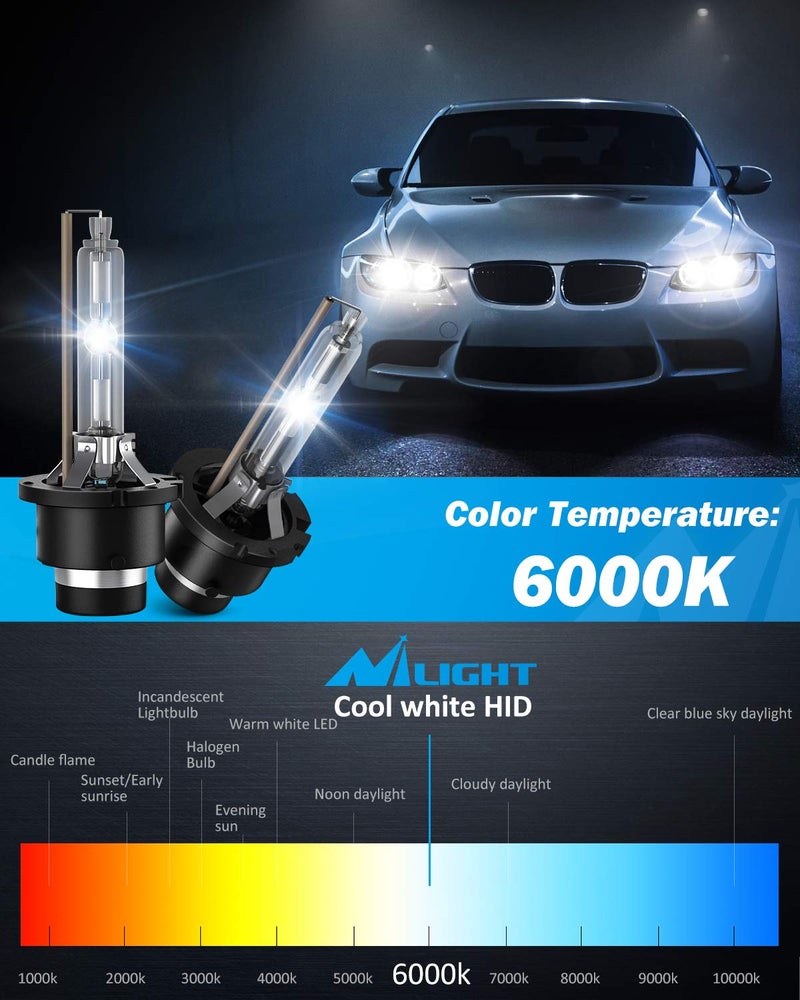 Nilight مصابيح نيللايت D2S HID، 6000K أبيض ماسي بديل لمصباح المصابيح الأمامية D2S HID، 350% مسافة إضاءة فائقة السطوع للسيارات 12V، تصميم IP67 مع قاعدة معدنية، ضمان لمدة عامين - Image 4