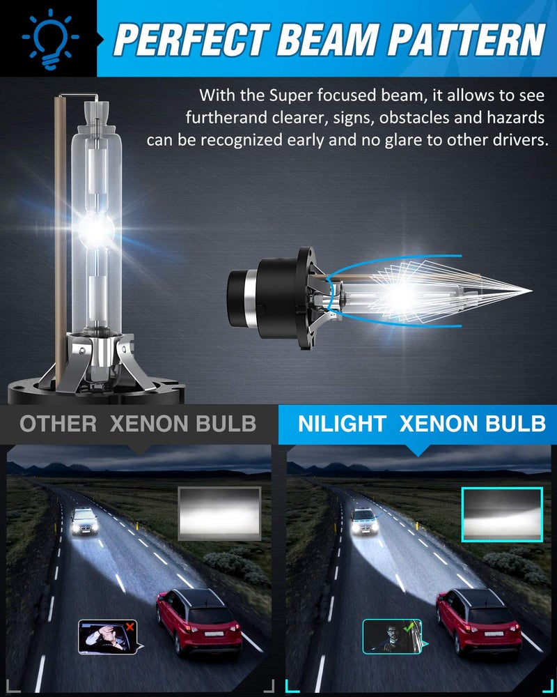 Nilight مصابيح نيللايت D2S HID، 6000K أبيض ماسي بديل لمصباح المصابيح الأمامية D2S HID، 350% مسافة إضاءة فائقة السطوع للسيارات 12V، تصميم IP67 مع قاعدة معدنية، ضمان لمدة عامين - Image 2
