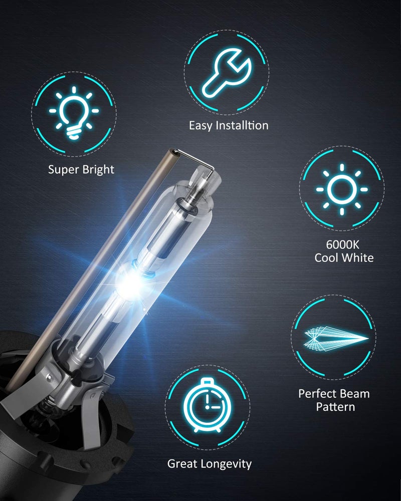 Nilight مصابيح نيللايت D2S HID، 6000K أبيض ماسي بديل لمصباح المصابيح الأمامية D2S HID، 350% مسافة إضاءة فائقة السطوع للسيارات 12V، تصميم IP67 مع قاعدة معدنية، ضمان لمدة عامين - Image 5