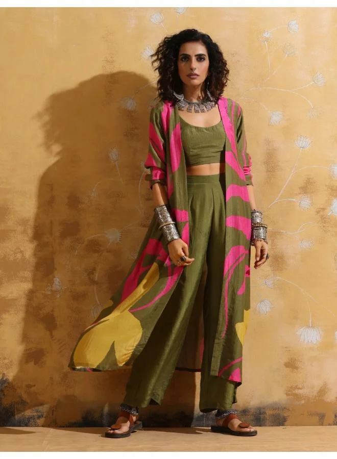ترو برونز trueBrowns Green Pink Floral Print Muslin Silk Jacket Set