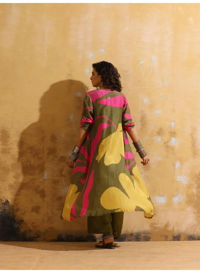 ترو برونز trueBrowns Green Pink Floral Print Muslin Silk Jacket Set