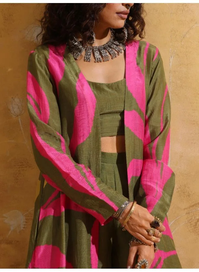 trueBrowns trueBrowns Green Pink Floral Print Muslin Silk Jacket Set