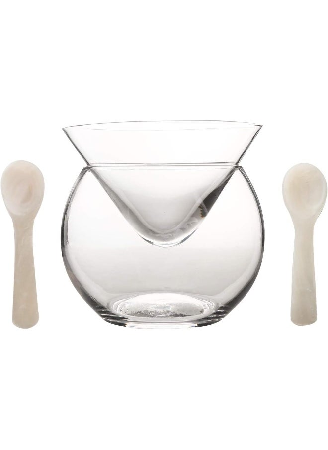 DUEBEL DUEBEL Glass Caviar Chiller Server Set Plus 2 pcs. x Mother of Pearl Caviar Spoon 3.15" – Universal Martini, Wine, Liquor Cocktail Chiller  - Image 1