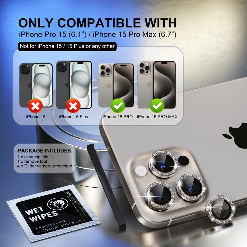 Choiche Compatible for iPhone 15 Pro/iPhone 15 Pro Max Camera Lens Protector Bling, 9H Tempered Glass Camera Cover Screen Protector Metal Ring Decoration Accessories (Glitter-Titanium Gray) - Image 2