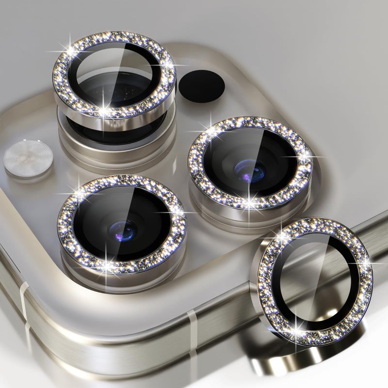 Choiche Compatible for iPhone 15 Pro/iPhone 15 Pro Max Camera Lens Protector Bling, 9H Tempered Glass Camera Cover Screen Protector Metal Ring Decoration Accessories (Glitter-Titanium Gray) - Image 1